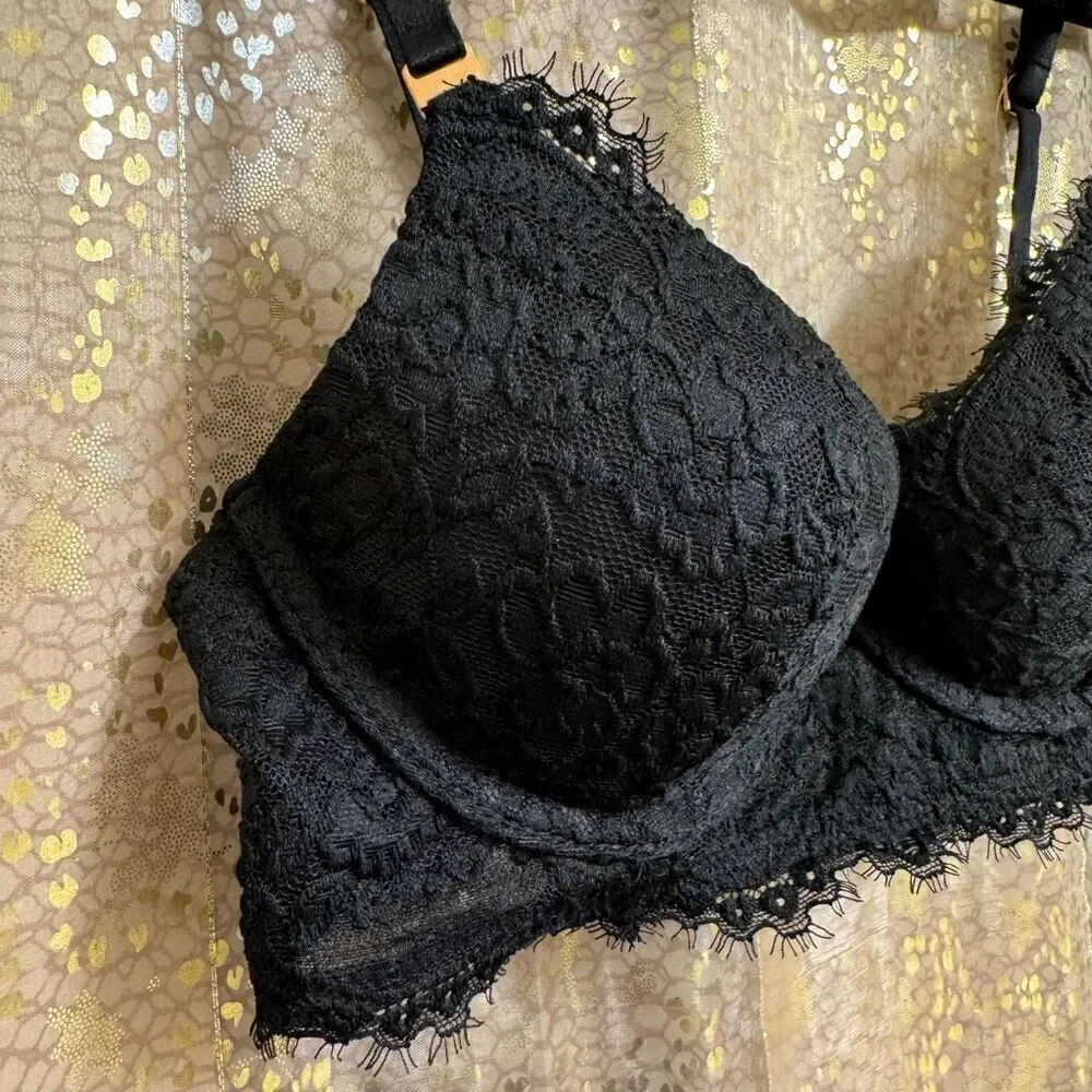 Aerie True Black Show Off Eyelash Lace Plunge Push Up Bra 32B NWT